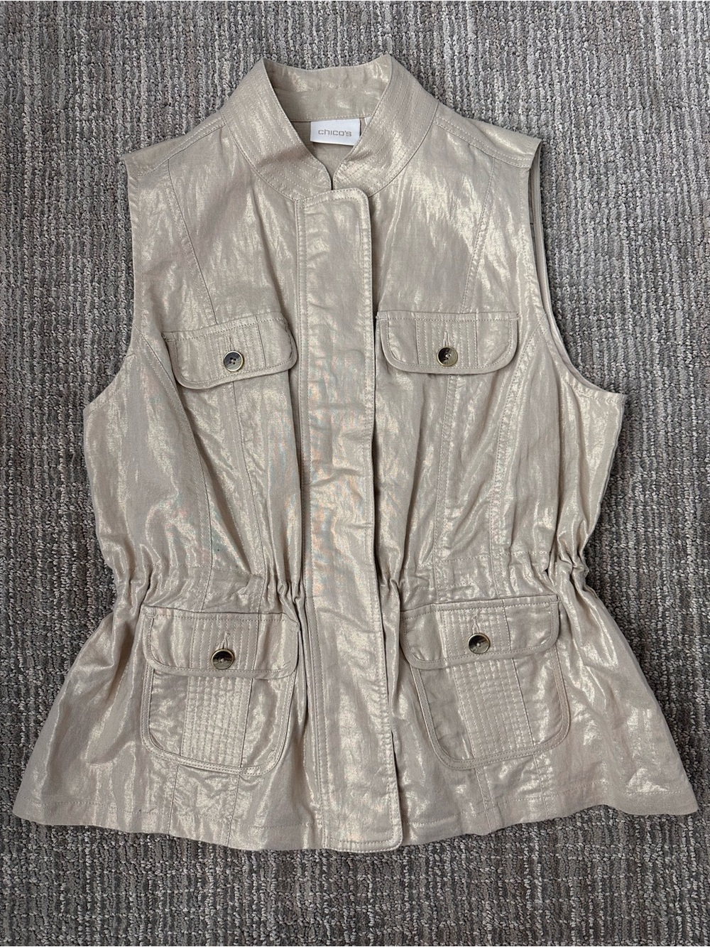 Chico’s Size 2 Linen Cotton Metallic Utility Safari Vest Gold Beige Pockets - Picture 10 of 11